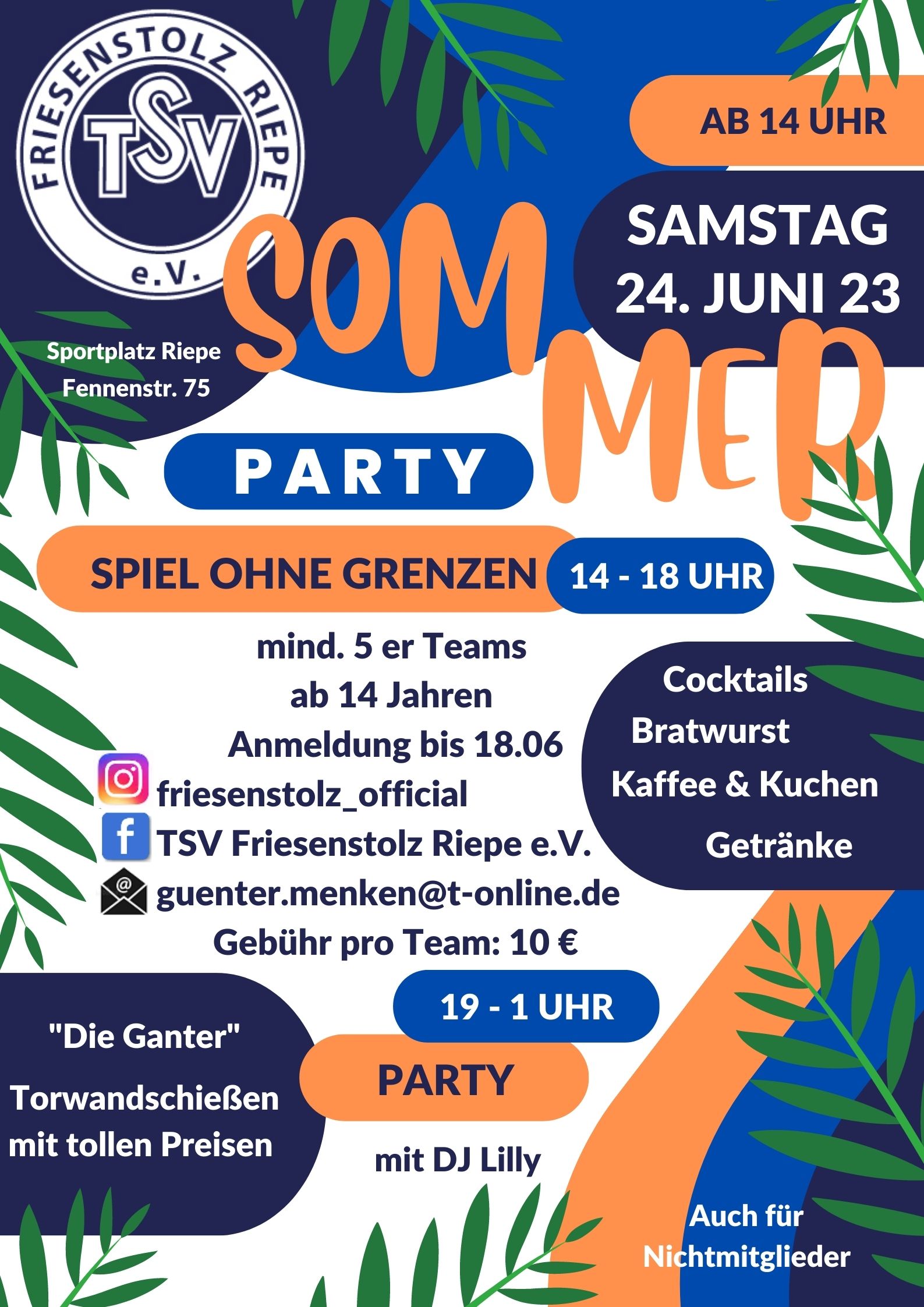 TSV Sommerparty am Samstag, 24. Juni 2023 mit Spiel ohne Grenzen von 14 bis 18 Uhr und Party mit DJ Lilly von 19 bis 1 Uhr - auch für Nichtmitglieder!